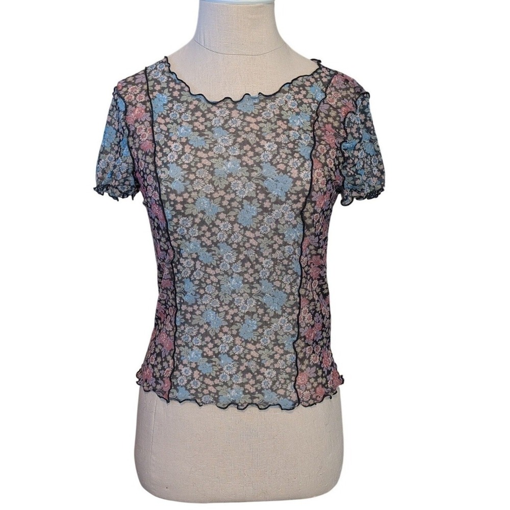 Urban Outfitters Floral Mesh Baby Tee Lettuce Hem Front Seam Sheer Whimsigoth